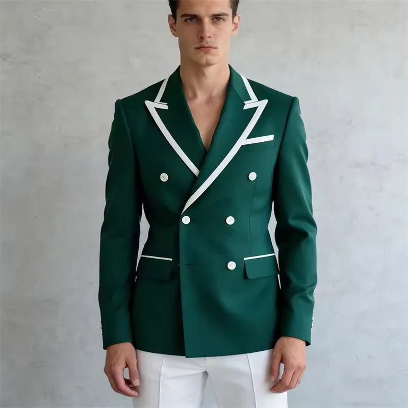 Double Breasted Slim Fit Blazer – Men's Formal Suit Jacket with White Contrast Piping