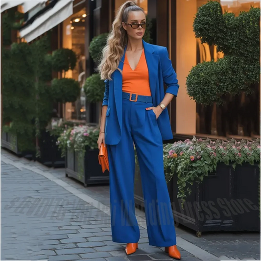 Women 2 Piece Suit Modern Cut Notched Lapel Blazer Wide Leg Pants Office Business Interview Ladies Formal Work Matching Set