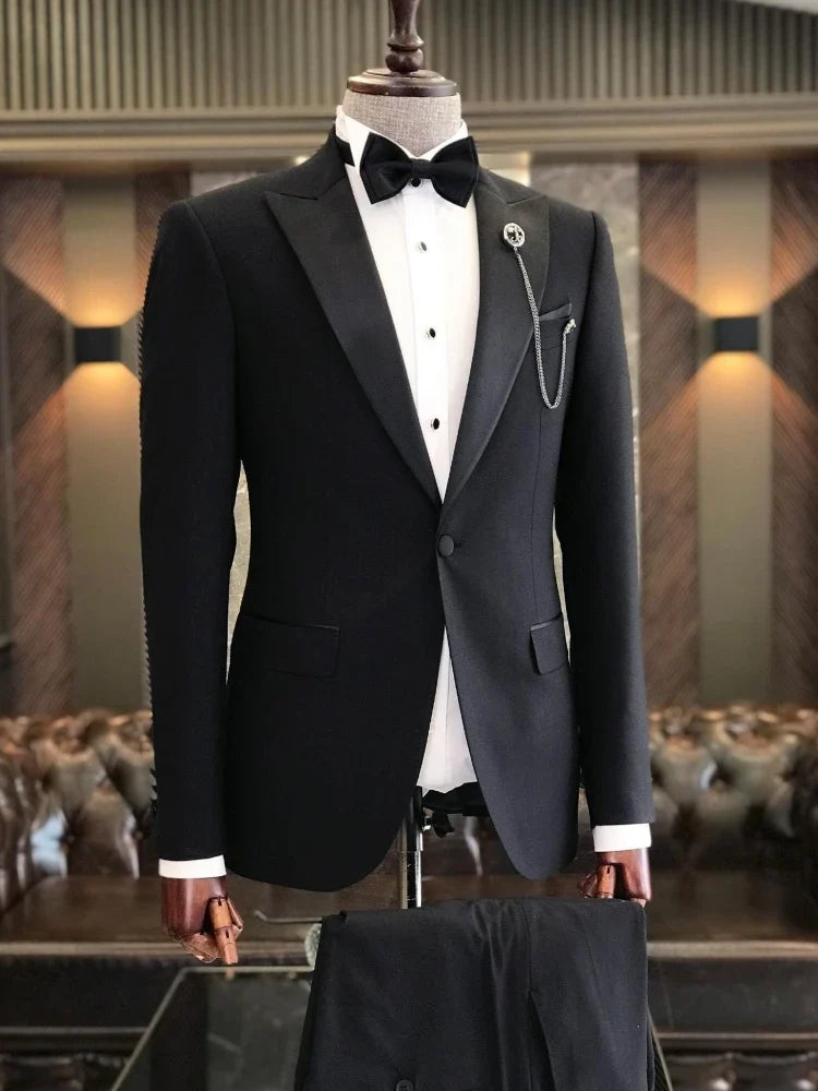Men Suit 2 Piece Black With Bright Lapel Single Button For Wedding Banquet Birthday Party Business Office Daily Jacket And Pants