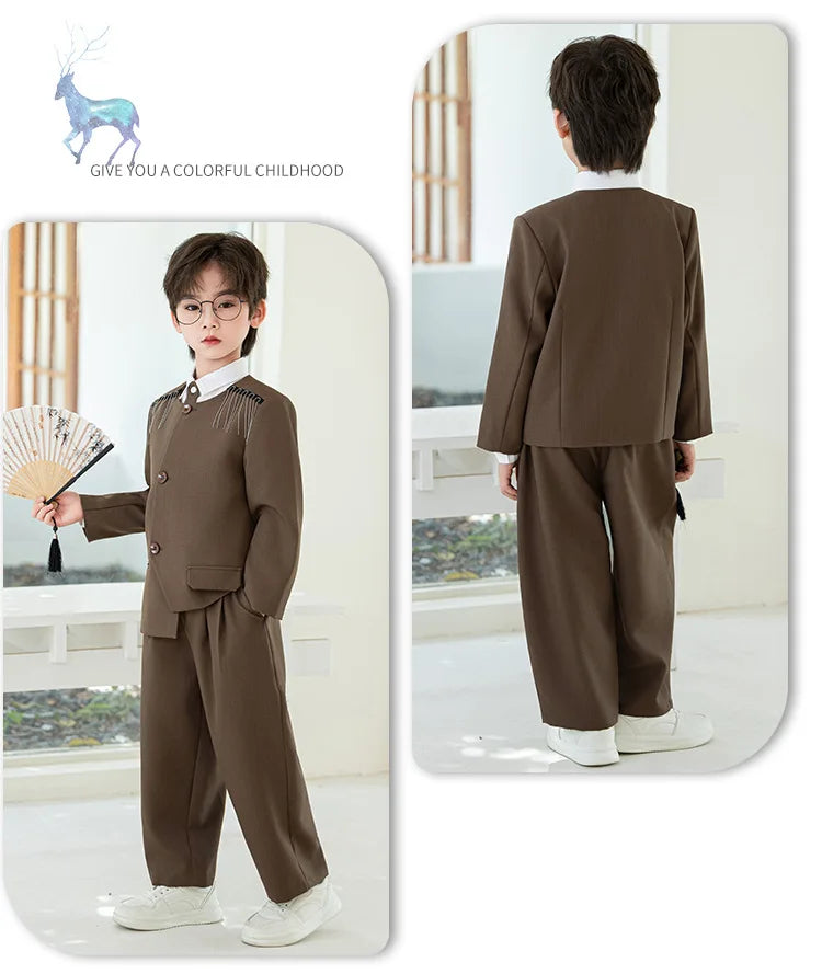 Children's New Chinese Style Clothing Set Fower Boys Baby's First Birthday Party Dress Kids Host Catwalk Performance Costume