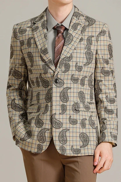 Autumn Winter Cashew Plaid Suit Jacket Men Fashion Casual Embroidered Jacquard Suit Jackets Business Social Party Men Blazers