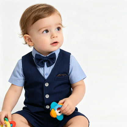 Baby Boys Sage Green Vest Short Sleeve Shirt Bow Tie Shorts 4pcs Clothes Set Kids Wedding Birthday Gentleman Formal Suit Set