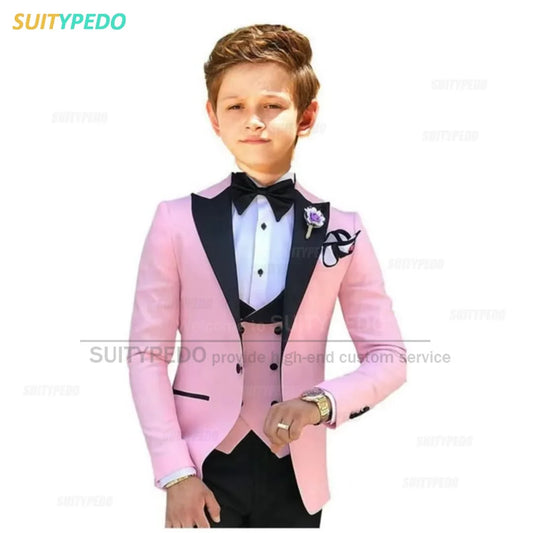 Classic Tailor-made Pink Peak Lapel Boy Suit Jacket Vest Pants 3 Pcs Child's Graduation Ceremony Host Set Fashion Party Outfit