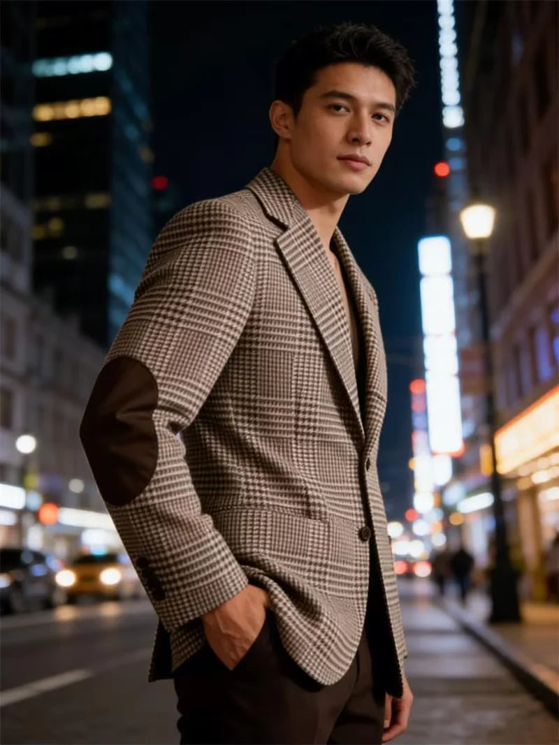 Retro British Plaid Men's Blazer with Elbow Patches Slim Fit Business Casual Tweed Suit Jacket for Office Daily Wear Sport Coats
