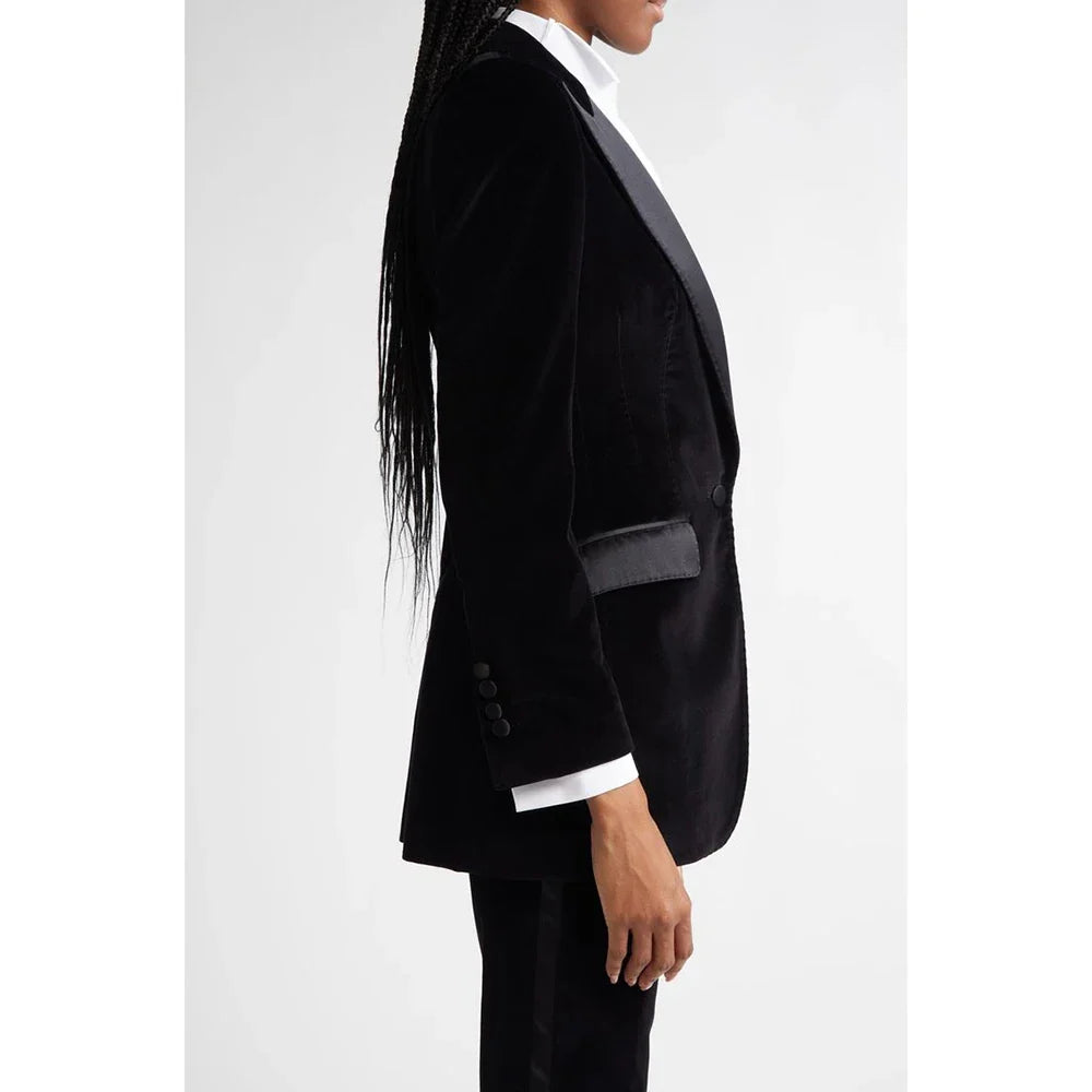 Black Flannel Women Suit Customized Single-grain Buckle Peaked Lapel Two Pieces(Jacket+Pants) Modern Business Office Lady Set