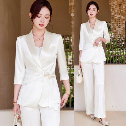 Designer Splicing Women Senior Luxurious Blazer Suit Pants Set Soft Satin Silk Office Lady Solid Coat Big Size Elegant Jacket