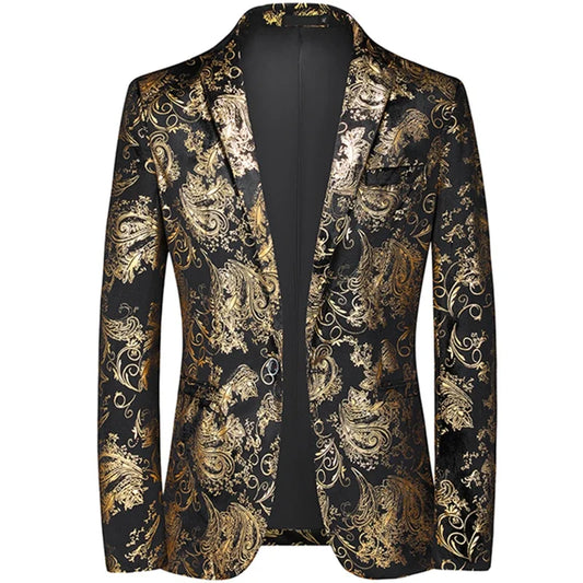 Men's Bronzing Print Blazer Slim Fit Single Breasted Suit Jacket for Wedding & Party