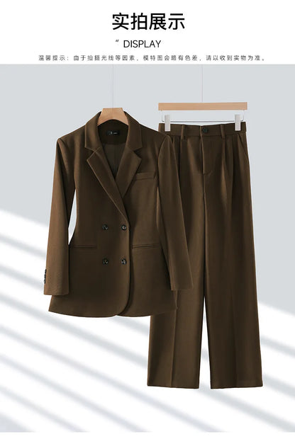 Autumn Winter 2024 New Apricot Coffee Black Elegant Double Breasted Blazer Top And Women High Waist Wide Leg Pant Two Piece Set