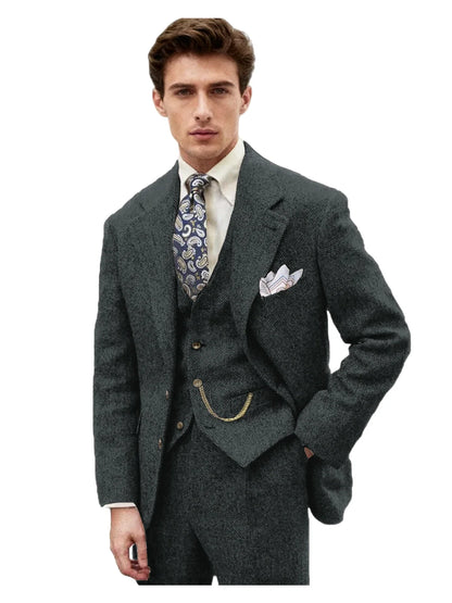 3 Piece Grey/Brown Mens Tweed Herringbone Wedding Suit Prom Tuxedos Peak Lapel Tweed for Business Slim Fit (Blazer+Vest+Pants)