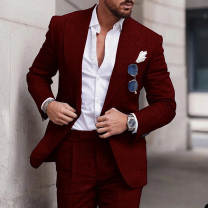 Men's 2-Piece Linen Suit – Slim Fit Notch Lapel Blazer & Trousers for Wedding, Business & Formal Occasions