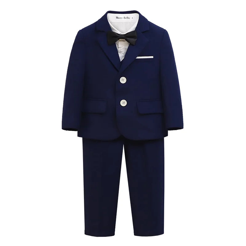 Kids 4Pieces Cerenmony Suit Set With Jacket Vest Pants Bowite Flower Boys Wedding Dress Children Birthday Photography Outfit