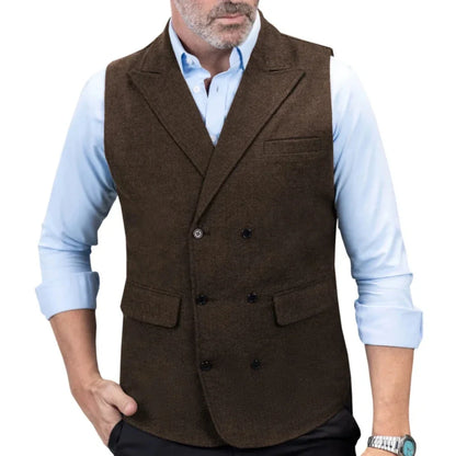 Men's Double-Breasted Herringbone Vest for Weddings & Formal Occasions
