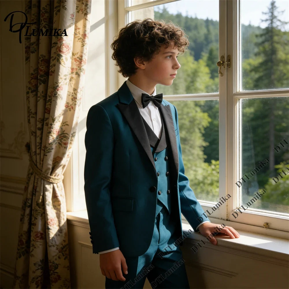 Boys 3-Piece Formal Suit Teal Single Button Kids Wedding Suit