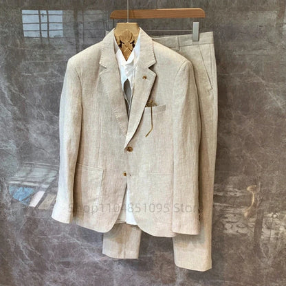 Men's Beige Linen Suit 2 Pieces Slim Fit Formal Tuxedo Set for Wedding Prom Best Man Groom Costume Summer New Design Homme