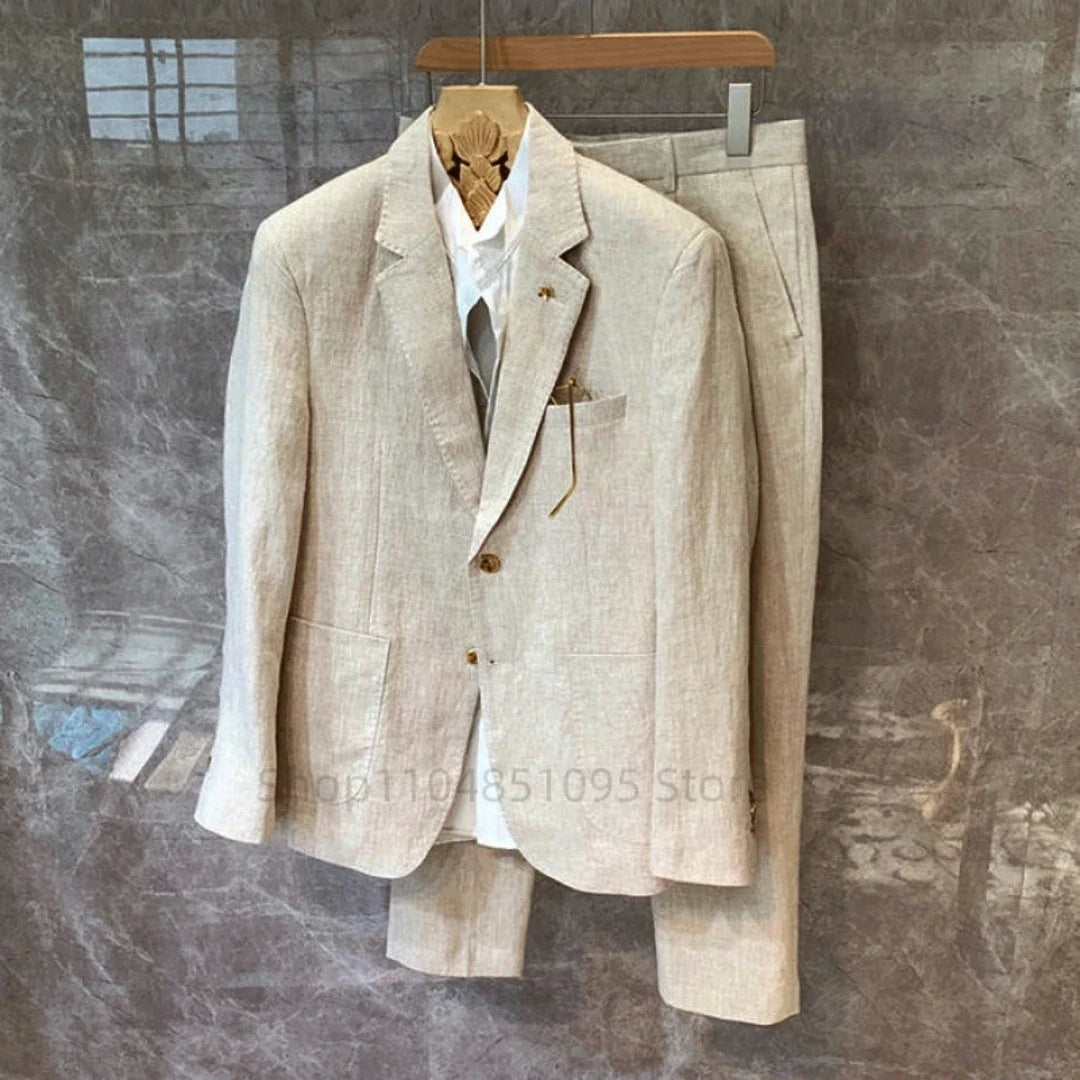 Men's Beige Linen Suit 2 Pieces Slim Fit Formal Tuxedo Set for Wedding Prom Best Man Groom Costume Summer New Design Homme
