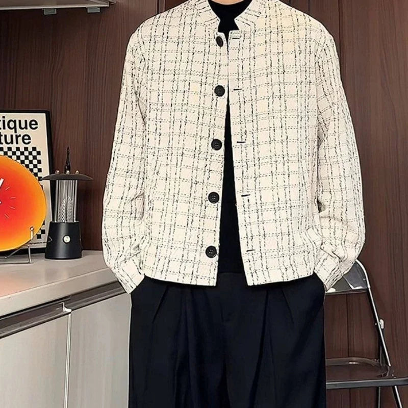 Men's Spring High-End Plaid Blazer Bad Boy Style Cropped Jacket Chinese Stand Collar Suit Outerwear