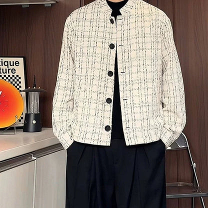 Men's Spring High-End Plaid Blazer Bad Boy Style Cropped Jacket Chinese Stand Collar Suit Outerwear