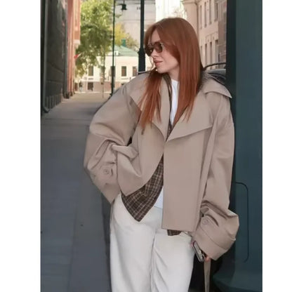 Solid Lapel Lace Up Jacket Elegant Chic Full Sleeve Button Loose Long Coat Women Office Lady Daily Commute Overcoat Windbreaker