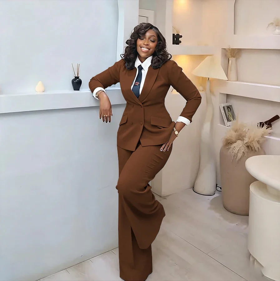 Classic Professional Burgundy Double Breasted Women's Suit Office Formal 2 Piece Jacket Pants Set Casual Daily Streetwear