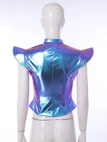 Womens Front Zipper Vest Tank Top Wet Look PU Leather Crop Top Metallic Glossy Rave Party Clubwear Costume Steampunk Waistcoat