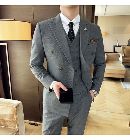Autumn and winter high-end men's fashionable and stylish suit set, groom's wedding dress three-piece set, Korean-style slimming