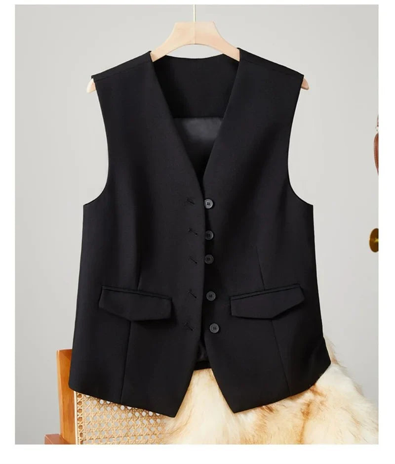 2025 New Women's Blazer High End Casual Vest Waistcoat Female Commuting Slimming Collar Less Sleeveless Short Suit Jacket Lined