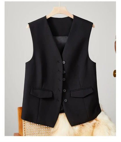 2025 New Women's Blazer High End Casual Vest Waistcoat Female Commuting Slimming Collar Less Sleeveless Short Suit Jacket Lined