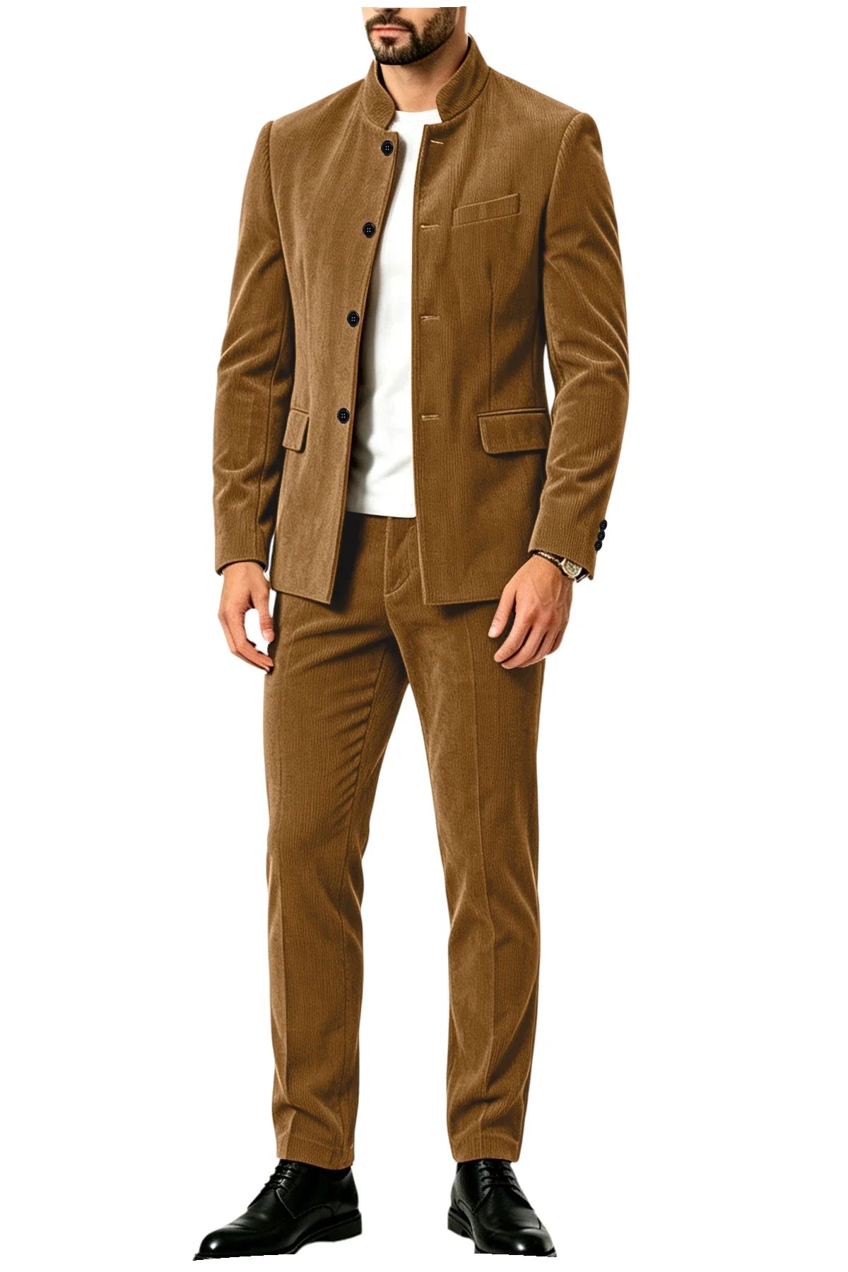 Men's Corduroy 2-Piece Suit – Mandarin Collar Single Breasted Blazer & Pants for Business & Formal Occasions