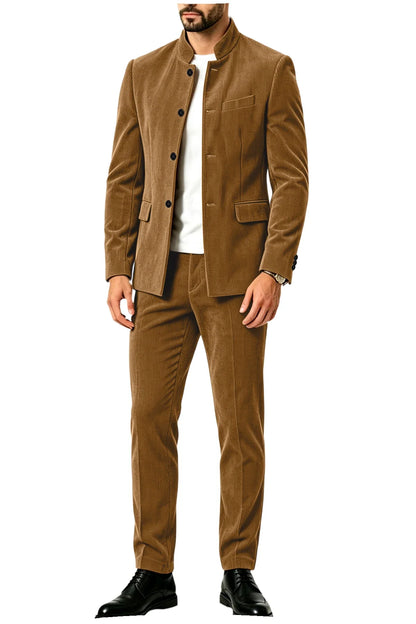 Men's Corduroy 2-Piece Suit – Mandarin Collar Single Breasted Blazer & Pants for Business & Formal Occasions