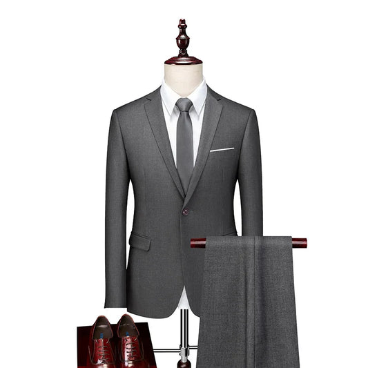 Men's Slim Fit Suit Blazer and Trousers Set for Wedding and Business – Solid Color