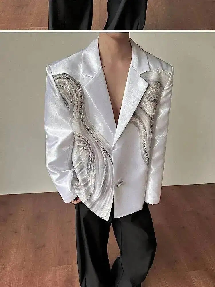 2026 New Original Luxury Temperament Sequin Gauze Patchwork Design Blazer Coat Men Elegant Handsome Casual Jacket JY7013