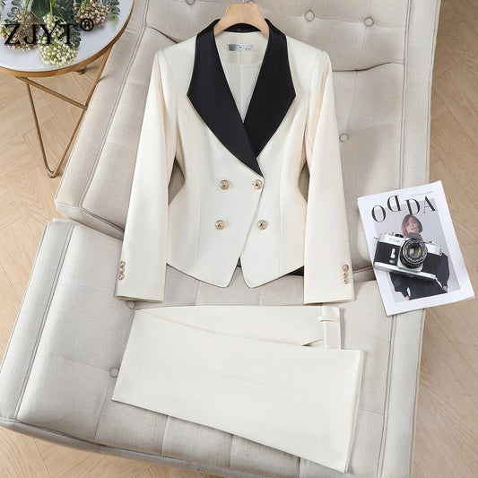 Elegant Chic Hit Color Blazer Pants Set for Woman 2 Pieces Sets Autumn Office Lady Work Jacket Coat and Trousers Suit White