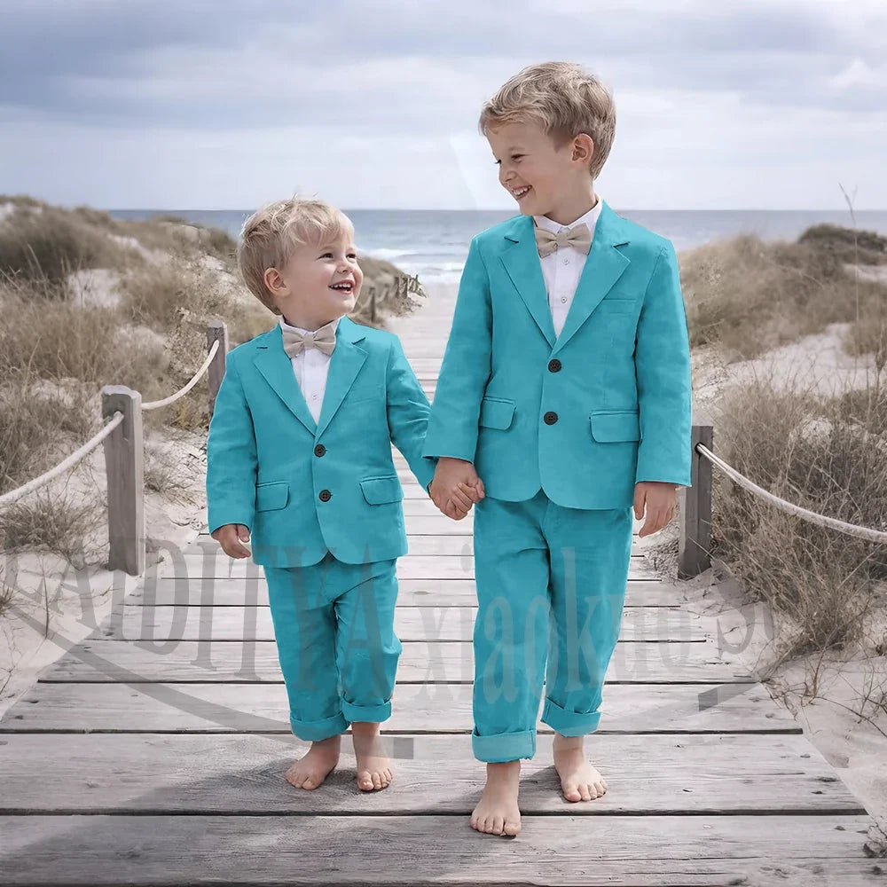 Beige Linen 2 Pieces Boys Suit Jacket Pants Kids Ring Bearer Outfit Breathable Summer Beach Wedding Birthday Party Costume