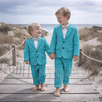 Beige Linen 2 Pieces Boys Suit Jacket Pants Kids Ring Bearer Outfit Breathable Summer Beach Wedding Birthday Party Costume