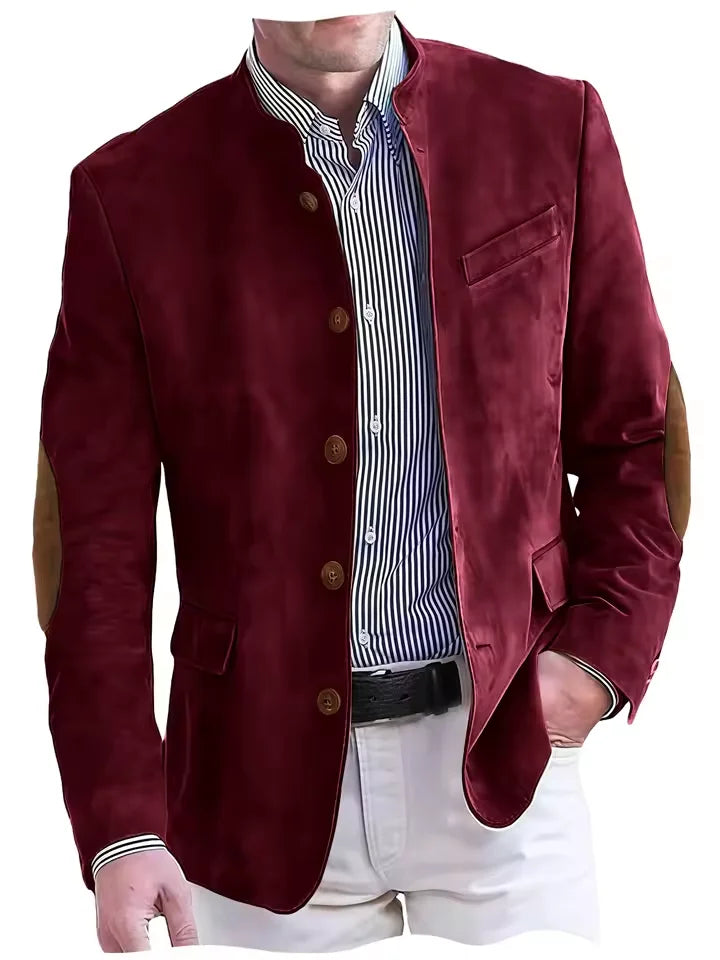 Vintage Men's Suede Blazer Elbow Patch Slim Fit Mandarin Collar Textured Fabric Jacket Business Casual Wedding Party Coat