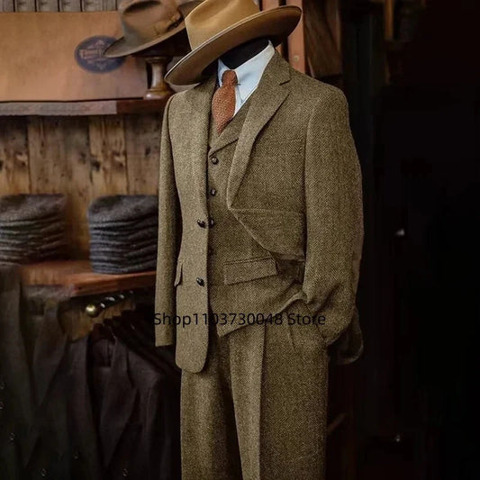 Brown/Gray Men's Wool Tweed Slim Fit 3 Piece Suit Winter Formal Herringbone Business Groom Tuxedo Male Jacket Vest Pants Set