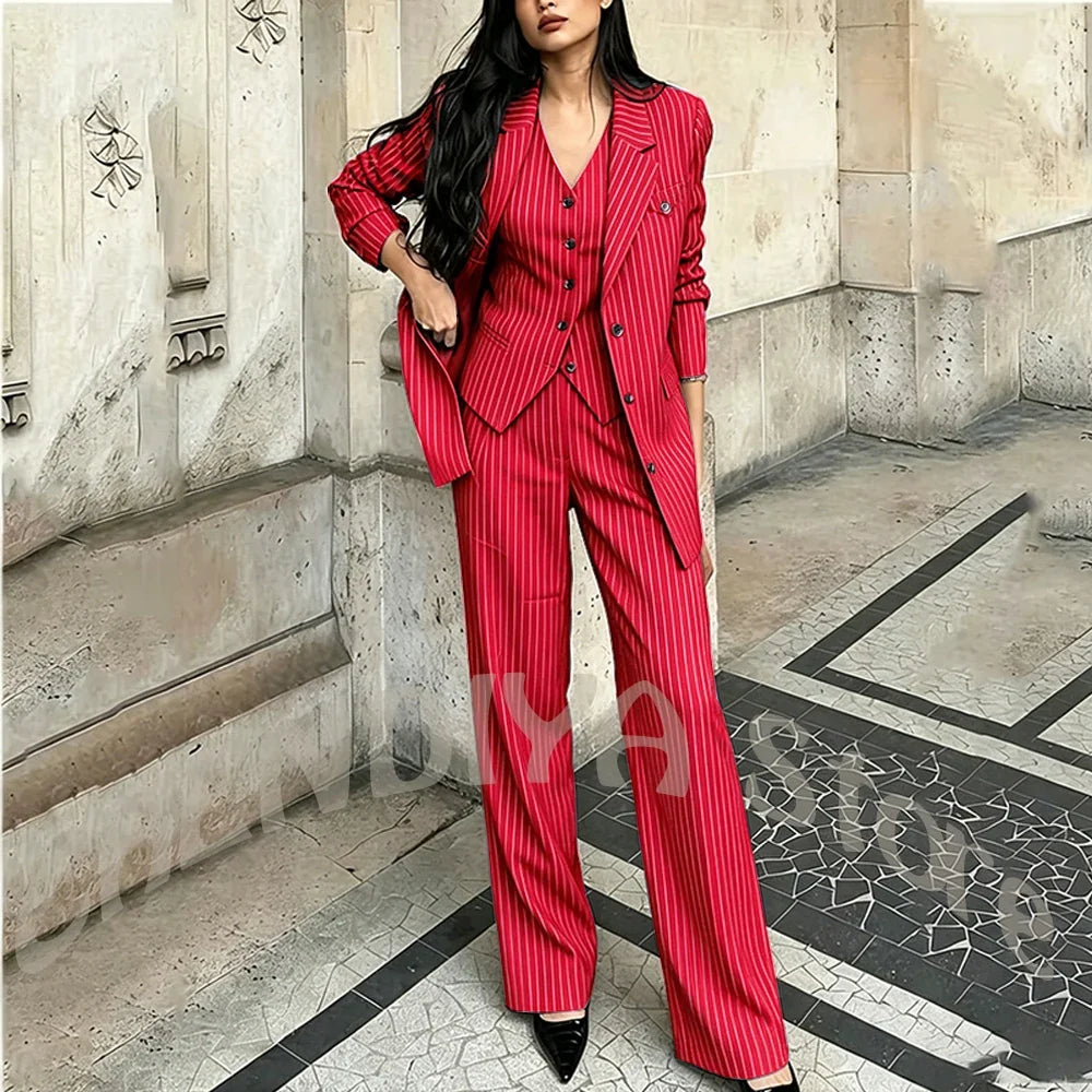 Tailor-Made Striped Suit For Women High Quality Peaked Lapel Single Breasted Three Piece Business Office Lady Formal Outfit
