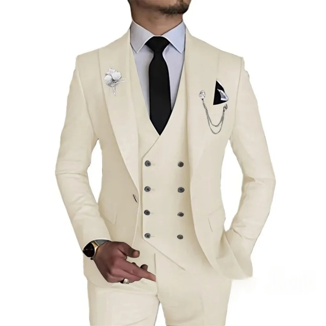 Men's 3 Piece Slim Fit Double Breasted Formal Suit for Wedding Prom Dinner Party - Classic Style