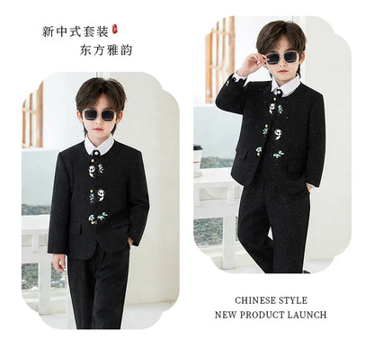 90-160 Kids New Chinese Tang Suit Hanfu Embroidery Suit Flower Boys Host Recitation Performance Costume