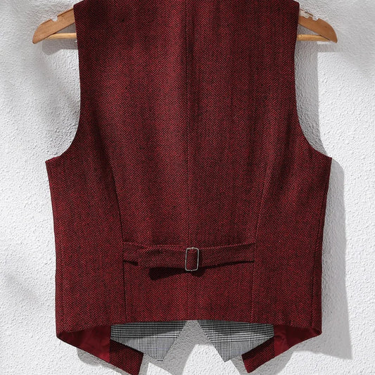 Men's Herringbone Vest – V-Neck Single Breasted Waistcoat for Weddings & Formal Events