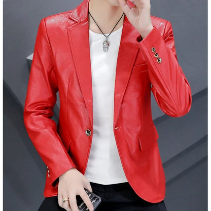 Autumn Leather Suit Jacket Men's Slim Korean Trendy Handsome Casual PU Leather Blazers Motorcycle Jacket Social Party Nightclub