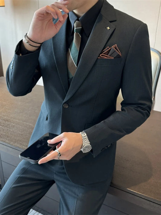 Handsome Slim Fit Men's Tuxedo 2 Pieces Jacket Pants Wedding Groom Sets One Button Formal Business Suit Set Office Wear In Stock