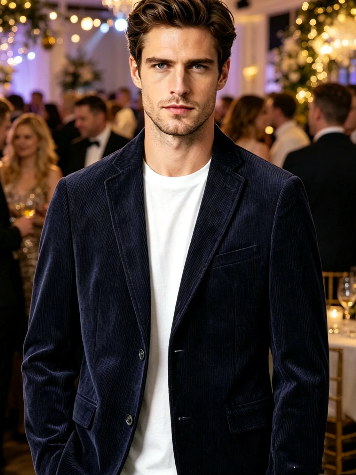 Navy Blue Corduroy Blazer for Men with Notch Lapel Single Breasted Dinner Jacket Elegant Slim Fit Smoking Suit Coat for Wedding
