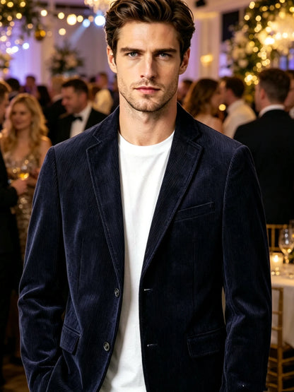 Navy Blue Corduroy Blazer for Men with Notch Lapel Single Breasted Dinner Jacket Elegant Slim Fit Smoking Suit Coat for Wedding