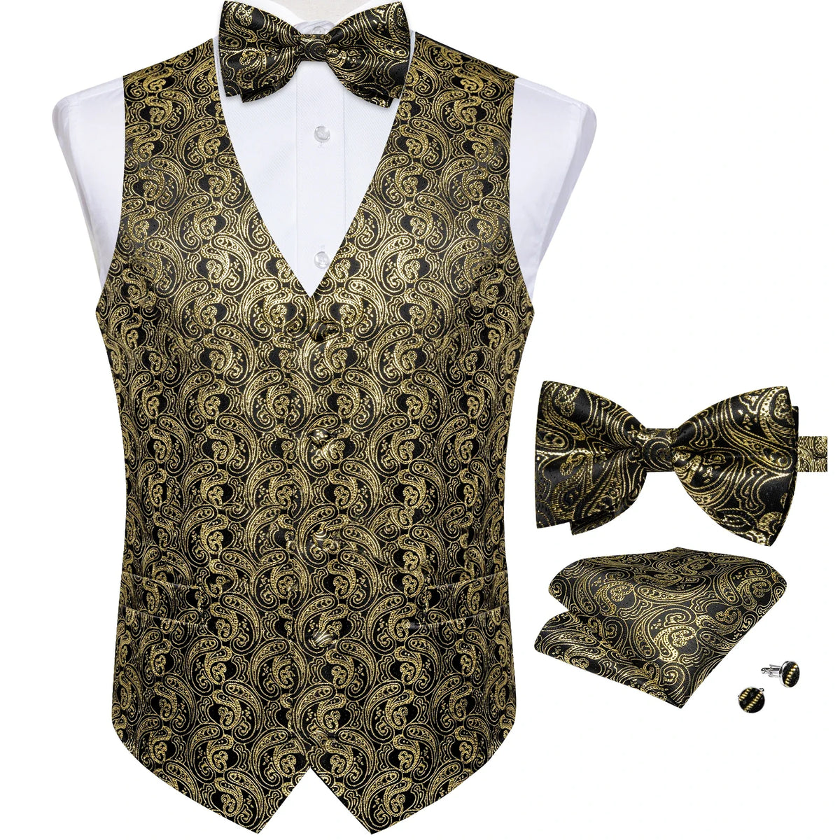 Men's Paisley Suit Vest Set with Tie, Pocket Square & Cufflinks for Wedding & Formal Events