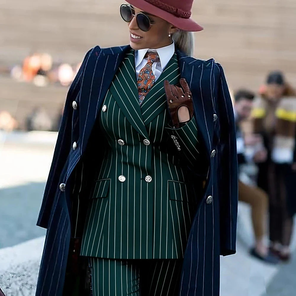 Formal Women's Burgundy Pinstripe Suit with Navy Blue Striped Coat Double Breasted 3Piece Set Elegant Evening Party Outerwears