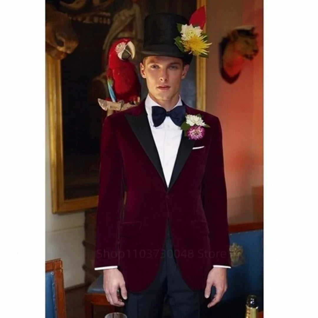 Men's Casual Velvet Blazer Peak Lapel One Button Slim Fit Dinner Jacket Elegant Suit Blazer for Wedding Banquet  Party