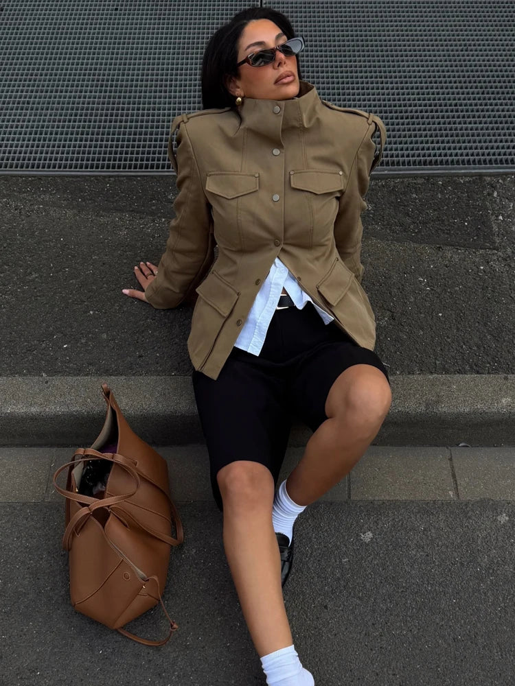 Fashion Women Slim Safari Blazer Jacket 2026 Stand Collar Long Sleeve Pocket Vintage Trench Coat Female Elegant Street Blazer