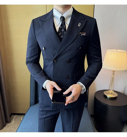 Korean Slim Fitt Wedding Suit Fashion Striped Double Breasted Suit 3 Piece Set Business Formal Casual Party Prom Host Suits