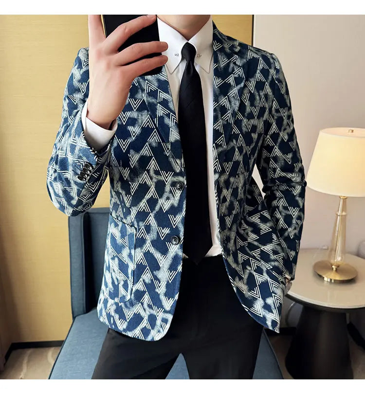 Jacquard Denim Korean Slim Fit Suit Coats 2025 New High Qualitys Fashion Men Slim Fit Business Formal Social Suit Jacket 4XL-M